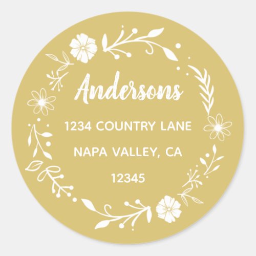 Gold and White Floral Wreath Return Address Classic Round Sticker
