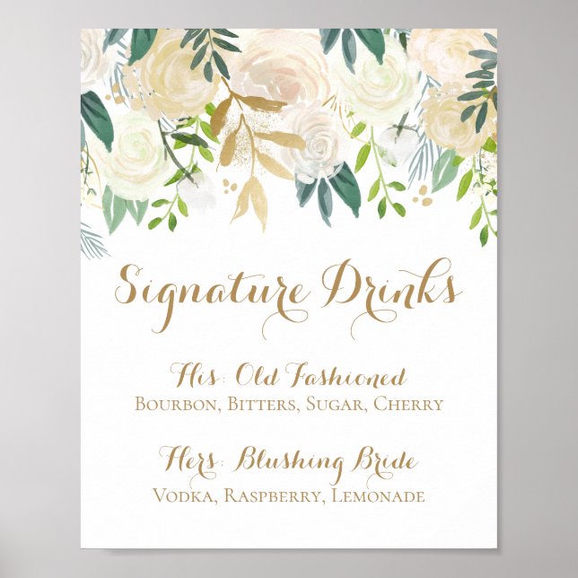 Gold and White Flower Signature Drinks Sign (Front)