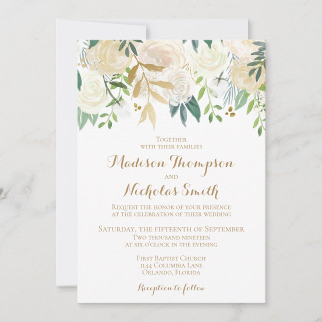 Gold and White Flower Wedding Invitation Card (Front)