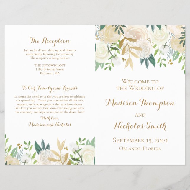 Gold and White Flower Wedding Program Booklets Flyer (Front)
