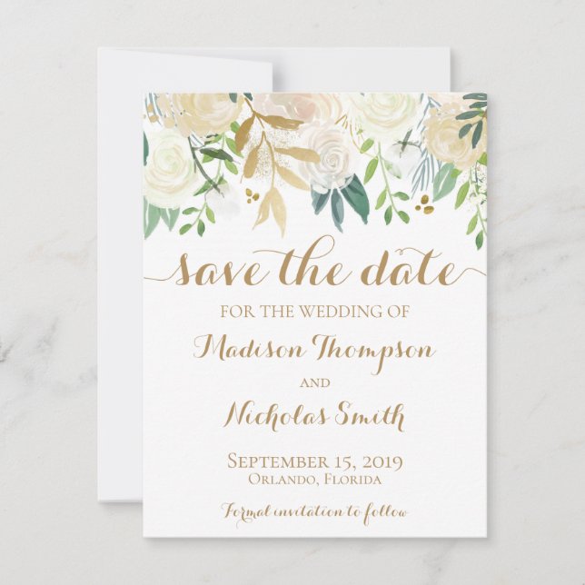 Gold and White Flower Wedding Save The Date Card (Front)