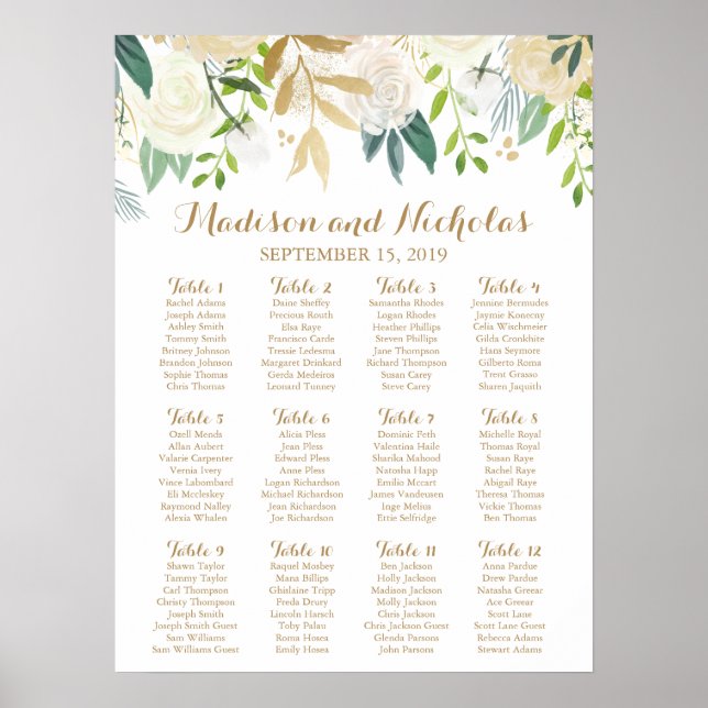 Gold and White Flower Wedding Seating Chart (Front)