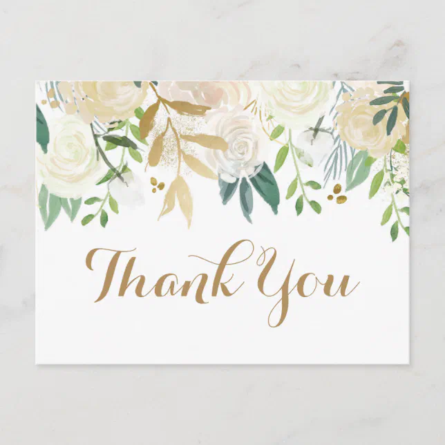 Gold and White Flower Wedding Thank You Postcards | Zazzle