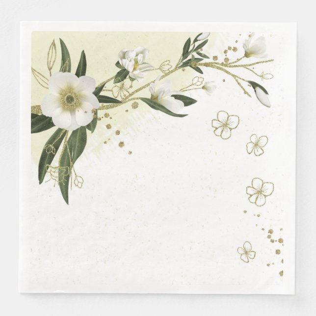 gold and white flowers green leaves wedding paper dinner napkins (Front)