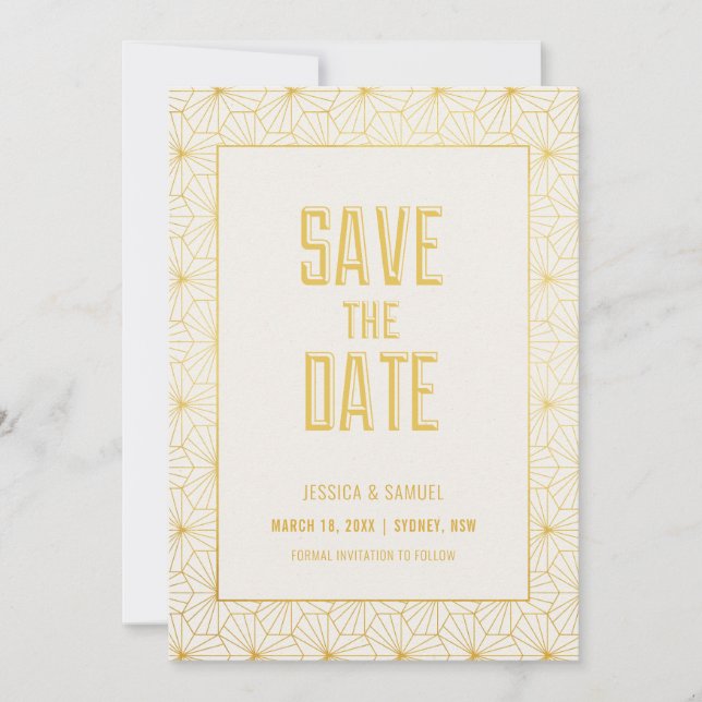 Gold and White Geometric Art Deco Save the date Invitation (Front)