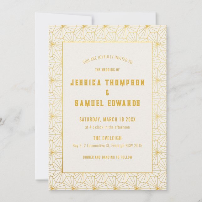 Gold and White Geometric Art Deco Wedding  Invitation (Front)