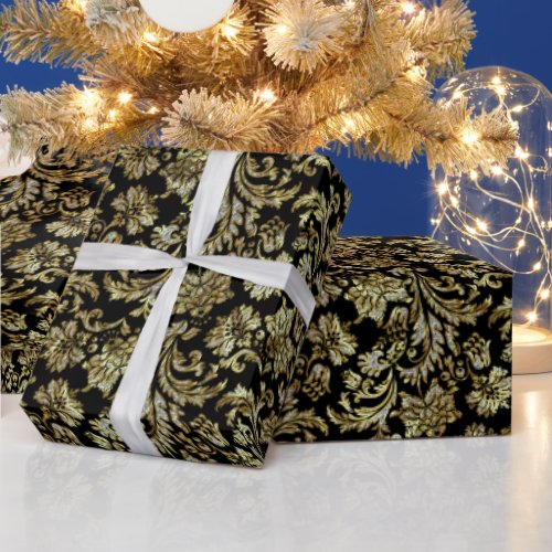 Gold and white glitter floral damask pattern 2 wrapping paper