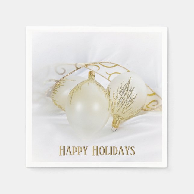 Gold and White Glitter Holiday Ornaments Napkins (Front)