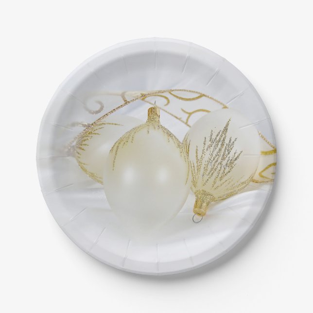 Gold and White Glitter Ornaments Paper Plates (Front)
