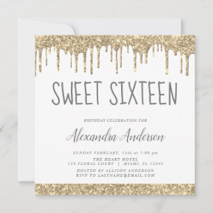 Gold and White Glitter Sweet Sixteen Birthday Invitation