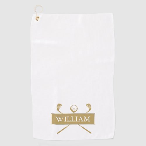 Gold And White Golf Clubs Personalized Name Golf Towel