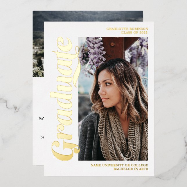Gold and white graduate script 3 photos graduation foil invitation (Front/Back)