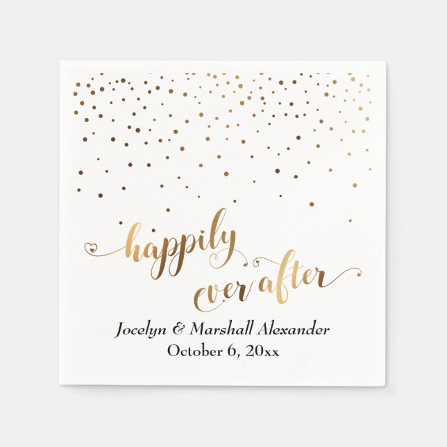 Gold and White Happily Ever After Hearts Confetti Napkins (Front)