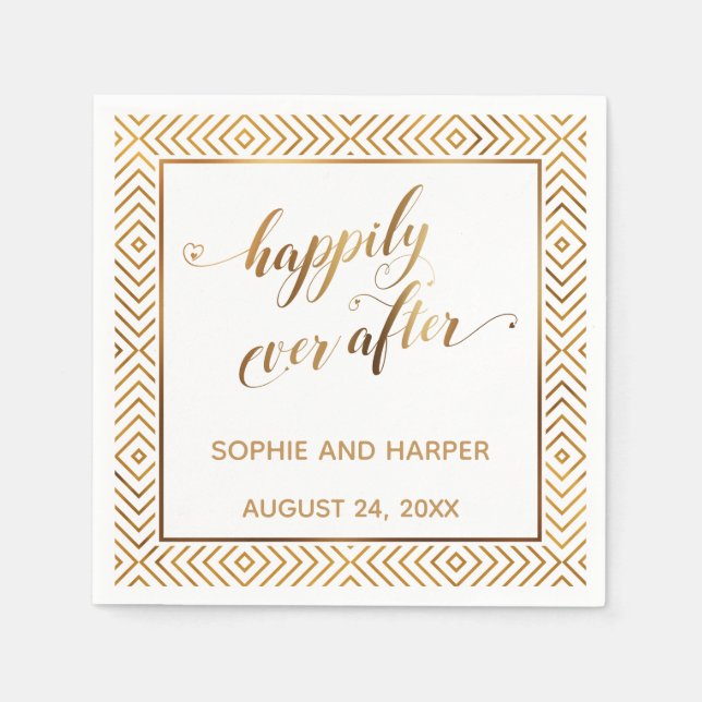 Gold and White Happily Ever After, Hearts Diamonds Napkins (Front)