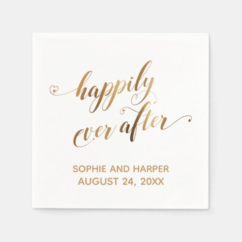 Gold and White Happily Ever After Hearts Script Napkins