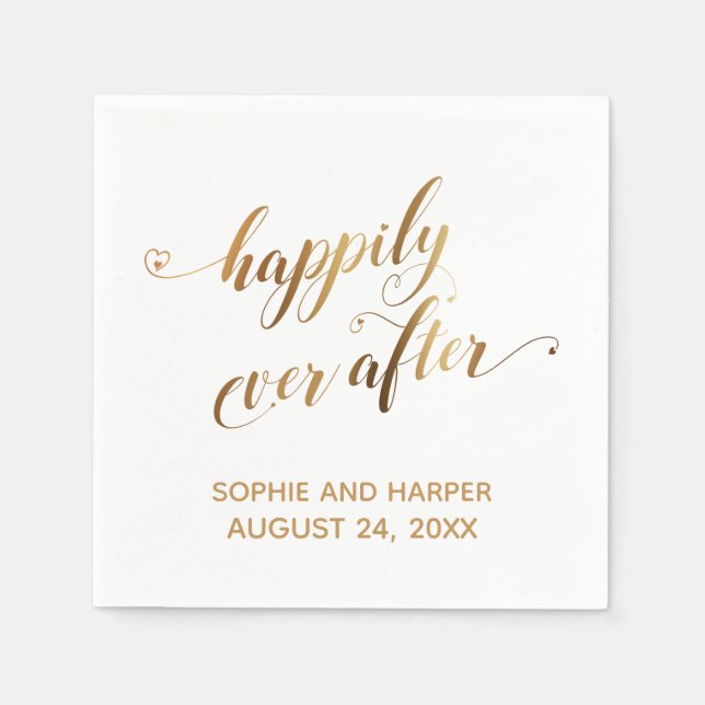 Gold and White Happily Ever After, Hearts Script Napkins (Front)
