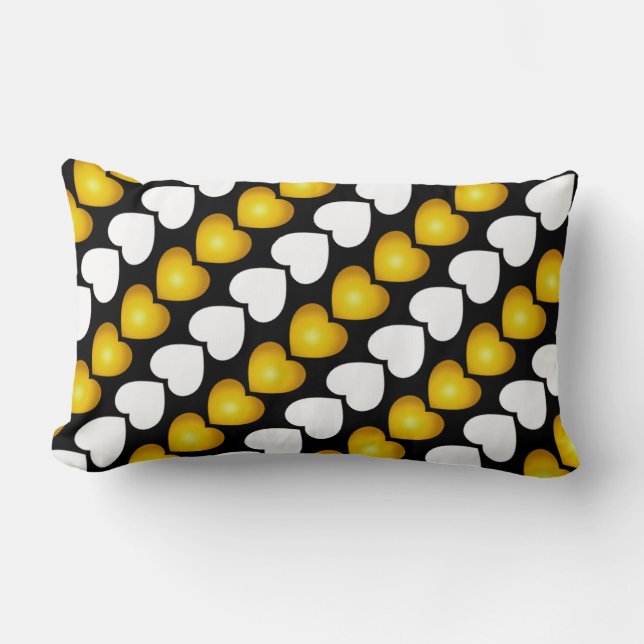 Gold and White Hearts on BLACK Lumbar Pillow (Front)