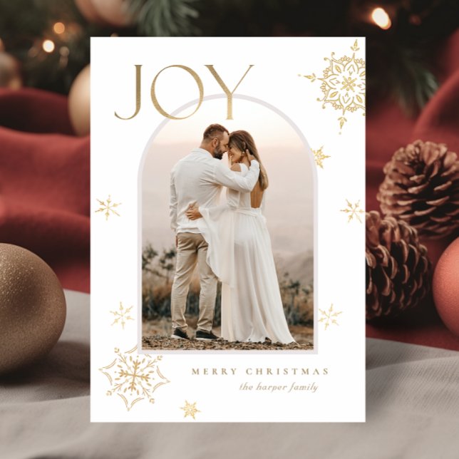 Gold and White Joy Arch Modern Snowflake Photo Holiday Card (Gold and White Joy Arch Modern Snowflake Photo)