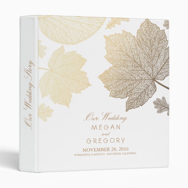 Gold and White Leaves Fall Wedding Binder (Front/Spine)