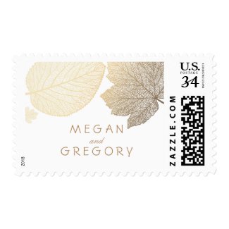 Gold and White Leaves Fall Wedding Postage Stamps at UniqueRusticWeddingInvitations.com