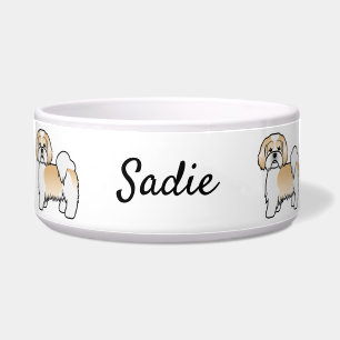 Gold And White Lhasa Apso Cartoon Dog & Name Bowl