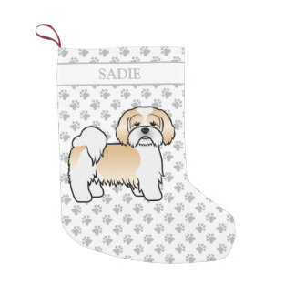 Gold And White Lhasa Apso Cartoon Dog &amp; Name Small Christmas Stocking