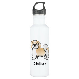 Gold And White Lhasa Apso Cartoon Dog &amp; Name Stainless Steel Water Bottle