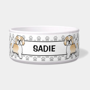 Gold And White Lhasa Apso Dog With Paws & Name Bowl