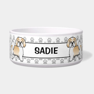 Gold And White Lhasa Apso Dog With Paws &amp; Name Bowl