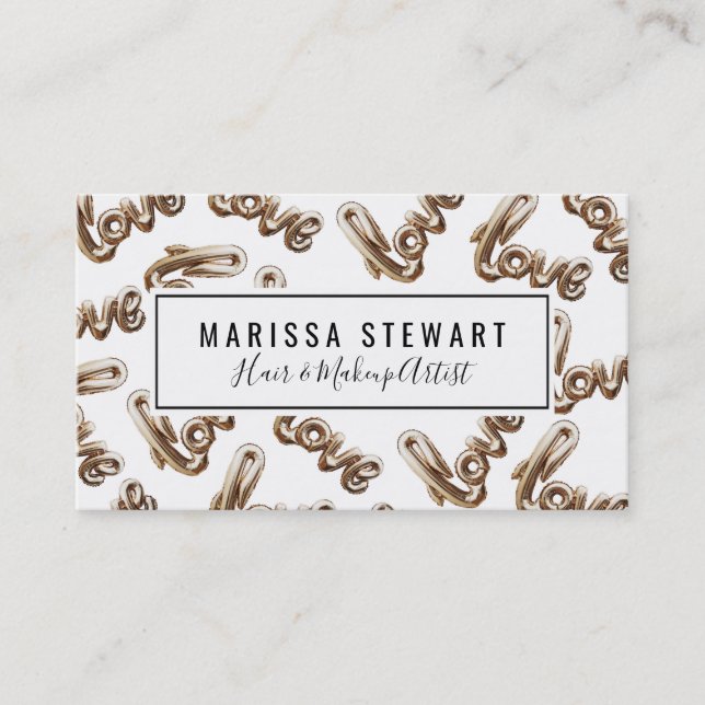 Gold and White Love Balloon Typography Pattern Business Card (Front)