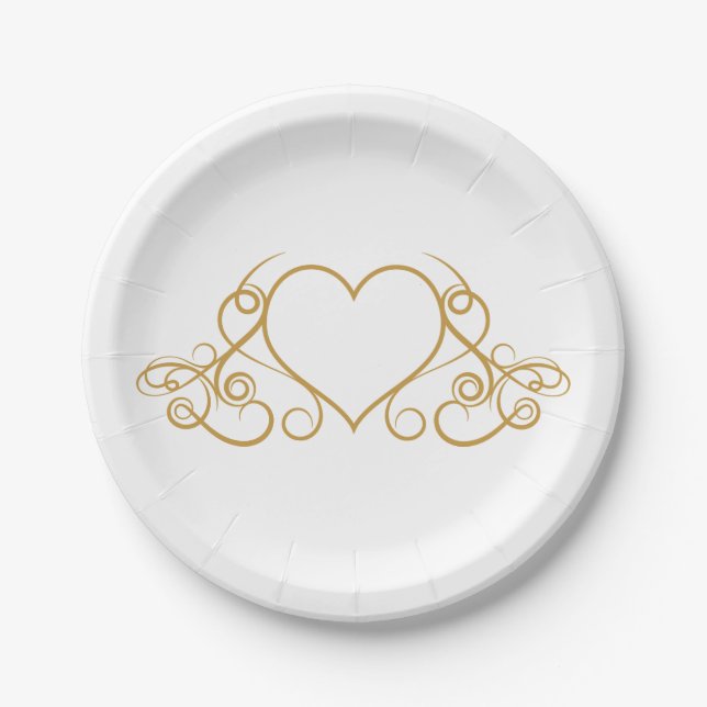 Gold and White Love Heart Wedding Party Glam Paper Plates (Front)