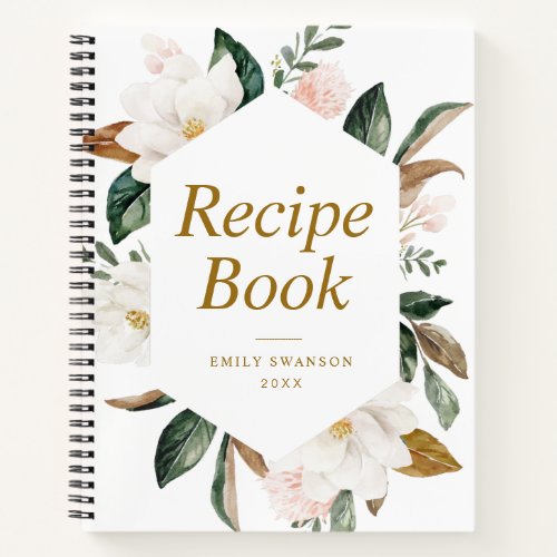 gold and white magnolia floral Recipe Book