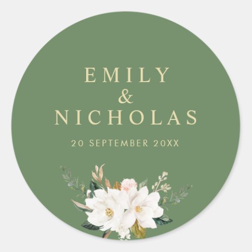 gold and white magnolia floral wedding classic round sticker