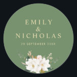 gold and white magnolia floral wedding classic round sticker<br><div class="desc">A green background color and watercolor white magnolia flowers. The text details and colors can be edited.</div>
