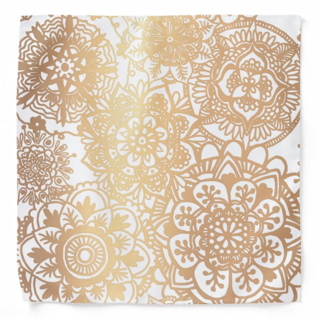 Gold and White Mandala Pattern Bandana (Front)
