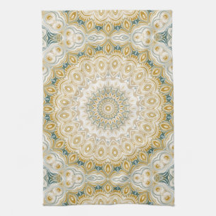 Gold and White Mandala Pattern with Teal Accents Kitchen Towel