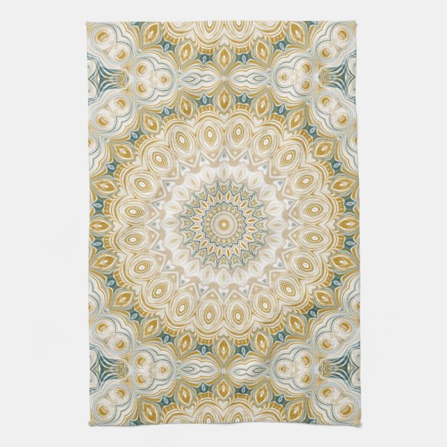 Gold and White Mandala Pattern with Teal Accents Kitchen Towel (Vertical)