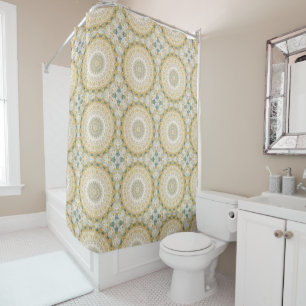 Gold and White Mandala Pattern with Teal Accents Shower Curtain