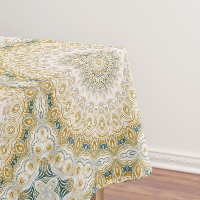 Gold and White Mandala Pattern with Teal Accents Tablecloth (In Situ)