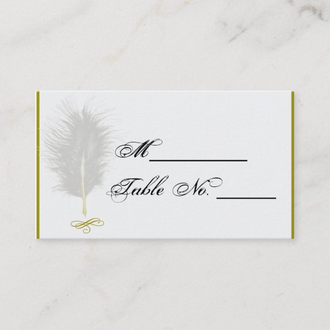 Gold and White Marabou Feather Wedding Place Card (Front)