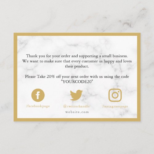 Gold and white marble effect customer thank you e enclosure card