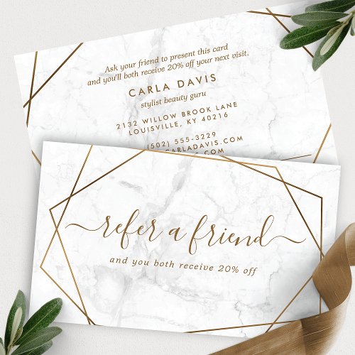 Gold And White Marble Geometric Minimalist Referral Card