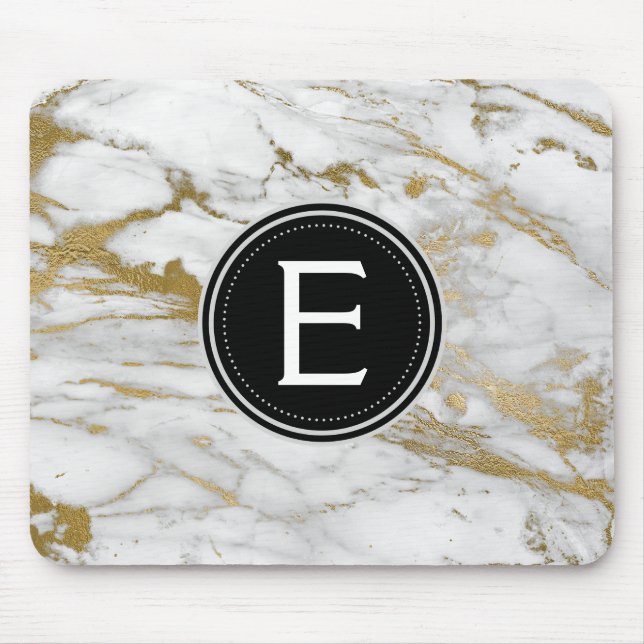 Gold and White Marble Monogrammed Modern Mouse Pad (Front)
