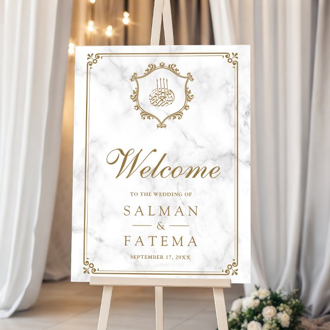 Gold and White Marble Muslim Wedding Welcome Sign (Creator Uploaded)