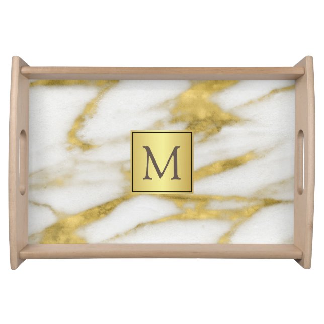 Gold and White Marble Pattern with Monogram Serving Tray (Front)