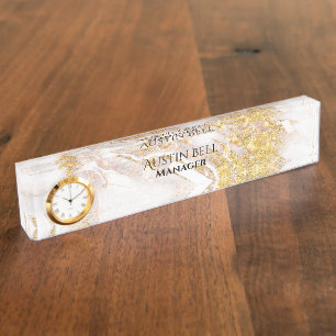 Gold and White Marble Personalized Desk Name Plate