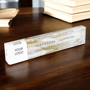 Gold and White Marble Professional Modern Desk Name Plate