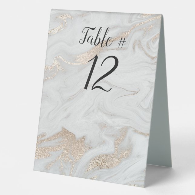 Gold and White Marbled Wedding Table Tent (Front)