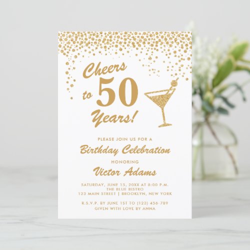 Gold and White Martini Birthday Invitation