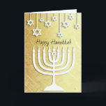 Gold and White Menorah Happy Hanukkah Card<br><div class="desc">Gold and white stars of David and Happy Hanukkah menorah personalized card.</div>